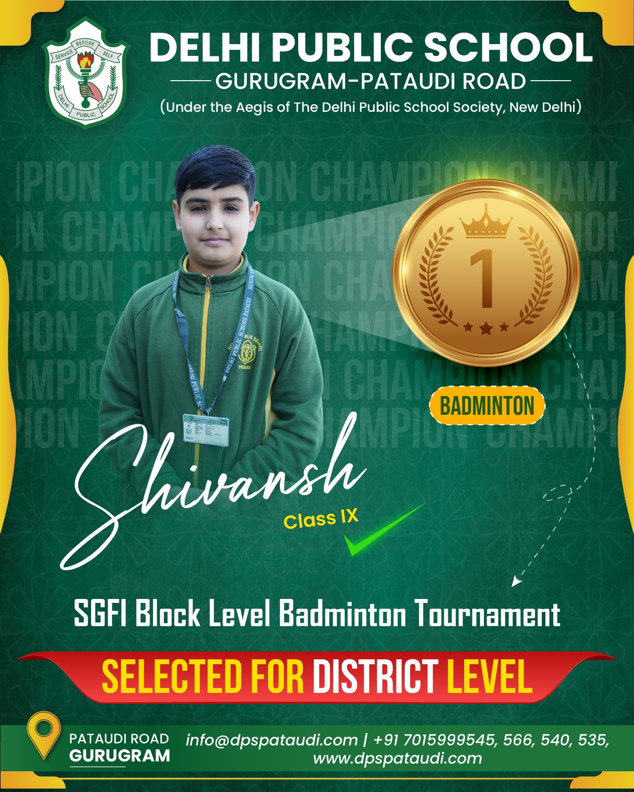 DPS Pataudi the best school in pataudi's Students wins Gold medal in Badminton Tournament!t